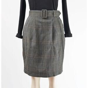 Vintage 90s Black Plaid Cotton High Waisted Belted Pencil Skirt with Pockets S
